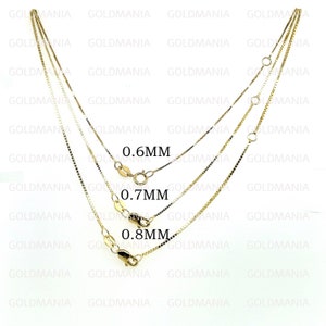 14K Solid Yellow Gold Box Chain Necklace, 16-18&quot; Adjustable, 0.6mm 0.7mm 0.8mm Thick, Real Gold Chain, Thin Gold Chain, Women