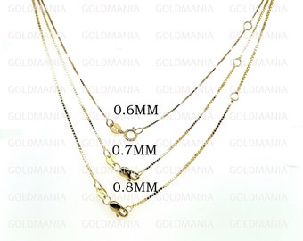 14K Solid Yellow Gold Box Chain Necklace, 16-18" Adjustable, 0.6mm 0.7mm 0.8mm Thick, Real Gold Chain, Thin Gold Chain, Women