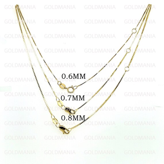 14K Solid Yellow Gold Box Chain Necklace, 16-18 Adjustable, 0.6mm