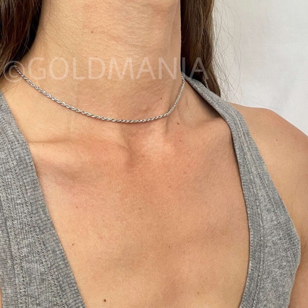 14K White Gold Rope Choker Chain Necklace, 14" Inch, 1.8 mm Thick, Real Gold Chain, Thin Gold Chain, Women