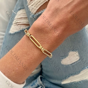 14K Yellow Gold Round and Paperclip Link Bracelet, 6 mm Thick, 7.50" Inch, Real Gold Bracelet, Rectangle Links, Women