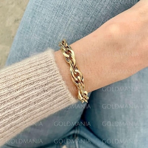 14K geelgouden in elkaar grijpende ovale schakelarmband, 7,75 inch, 10 mm dik, echt gouden armband, dikke gouden armband, gouden damesarmband