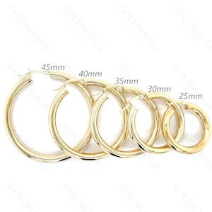 10K Gold Hoop Earrings, Size 25mm to 65mm, 4mm Thick, Real Yellow Gold Hoops For Women, Classic Tube Hoops, Polished Hoop Earring Set