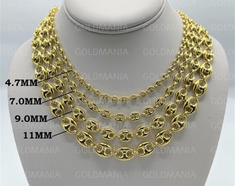 14Kゴールド パフド マリナーリンクチェーンネックレス - 4.7 mm～11