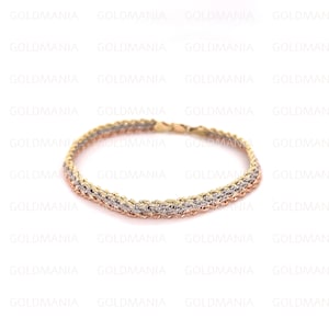 10K Tricolor Gold Triple Rope Chain Bracelet, 5mm Thick, 7.5" Inch, Real Gold Bracelet, Lightweight, Women