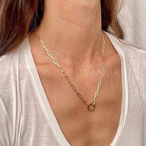 14K Gold Charm Holder Paperclip Necklace, Real Gold Chain For Women, Push Lock Clasp, Chain Connector Necklace, 18&quot; Inch