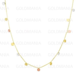 14K トリコロールゴールド ダングルディスクネックレス、レディース用リアルゴールドチェーン、14Kイエローホワイトローズゴールド、上品なゴールドジュエリー、スリートーンネックレス