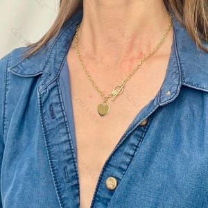 14K Yellow Gold Heart Charm Toggle Necklace, 17&quot; Inch, Real Gold Engravable Necklace For Women