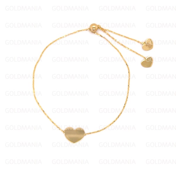14K Yellow Gold Heart Friendship Bracelet, 9.25" Inch Adjustable, Real Gold Bracelet, Engravable Bracelet, Personalized Bracelet, For Women
