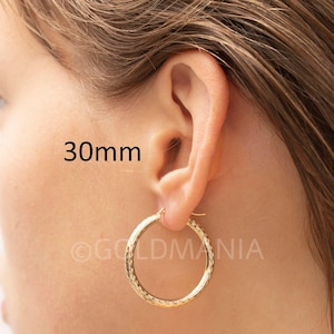 14K Gold Hoops, 3mm Thick, 20 mm 25 mm 30 mm, Real Gold Hoops, Diamond Cut Hoops, Women