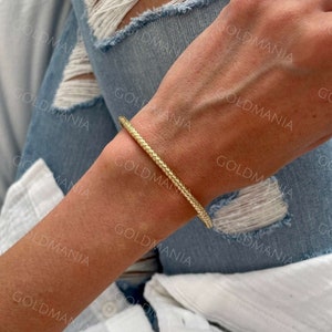 14K Yellow Gold Woven Bangle Bracelet, 7.25" Inch, 3.5mm Thick, Real Gold Bangle, Thin Bangle, Women