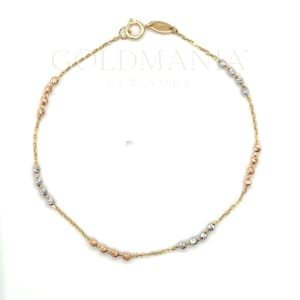 14K Tricolor Solid Gold Bead Station Bracelet, 7.25&quot; Dainty