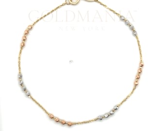 Pulsera de oro macizo tricolor de 14 quilates con cuentas, 7,25" delicada