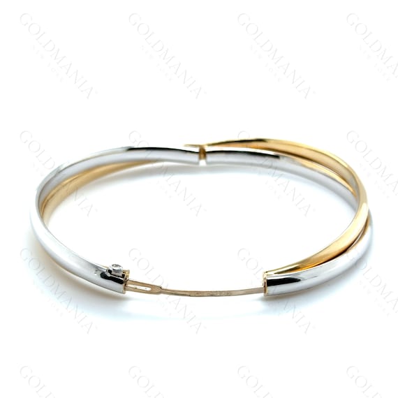 14K ツートンゴールド クロスオーバーバングルブレスレット：ヒンジ