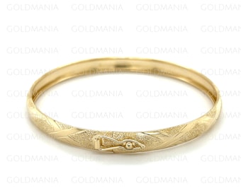 10K Yellow Gold Bangle Bracelet, Polished And Textured, X Pattern, 6mm Thick, 7&quot; 8&quot; Inch, Stackable Bangle, Real Gold Bracelet, Women