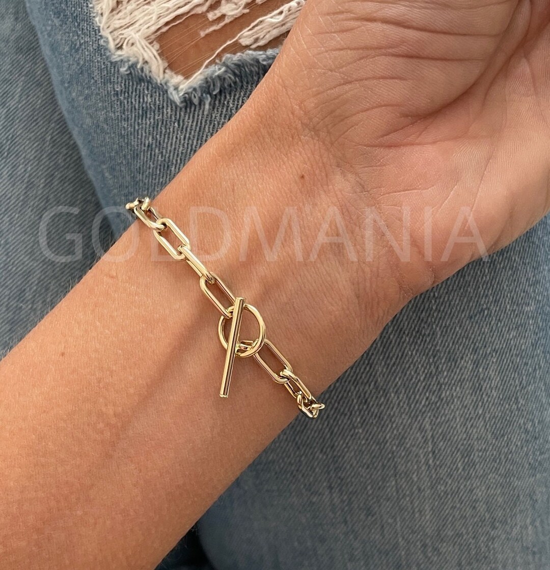 14K Yellow Gold Paperclip Link Bracelet With Toggle Clasp, 7.5 Inch, 5mm Thick, Real Gold