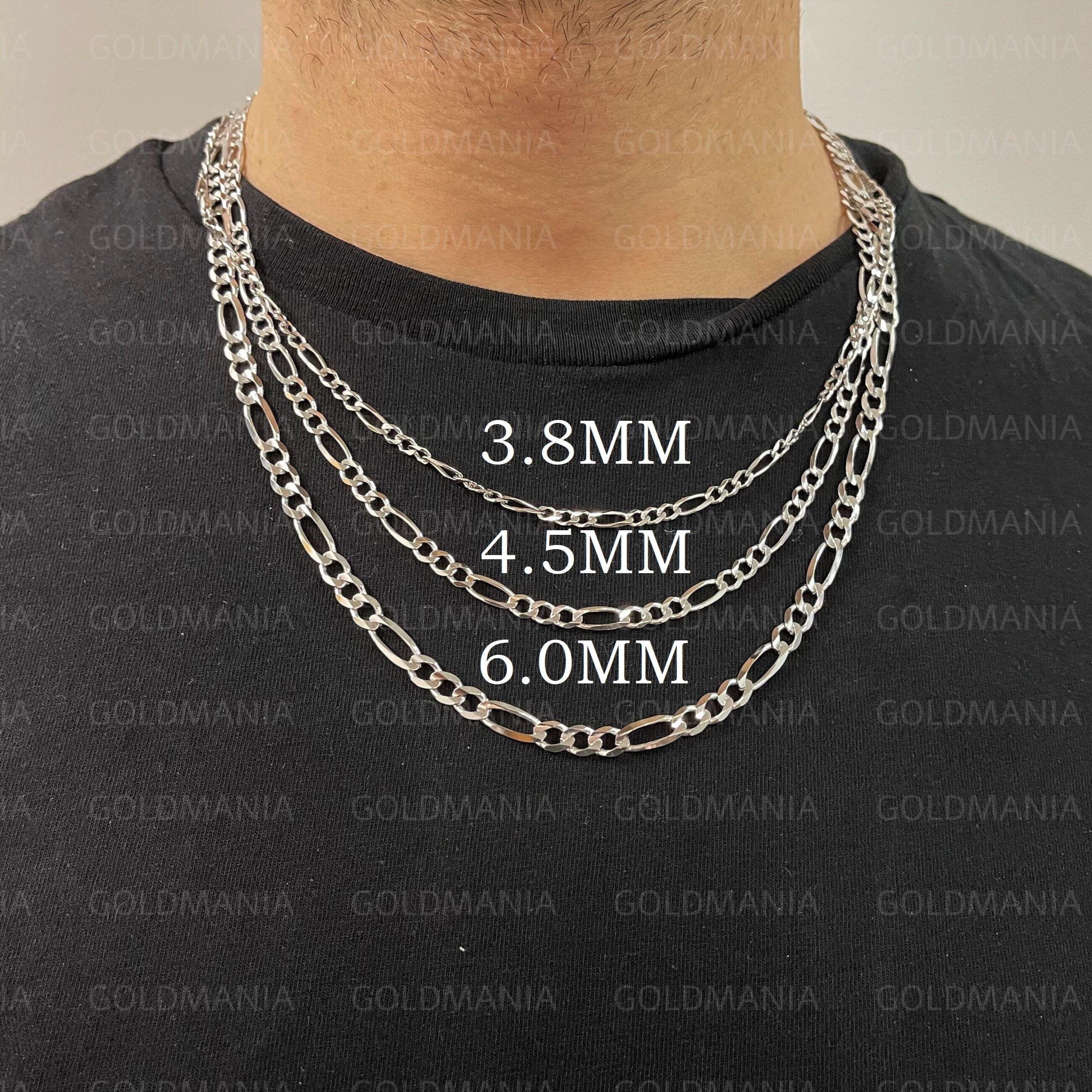 14K Solid White Gold Figaro Chain Necklace, 3.8mm-6mm Thick Mens