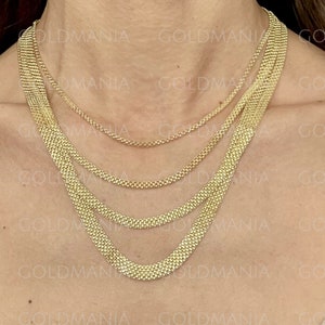 14K Yellow Gold Bismark Link Chain Necklace, 16" 18" 20" Inch, 2.5mm 3.5MM 4.7MM 7MM Thick, Real Gold Chain, Flat Gold Chain, Women