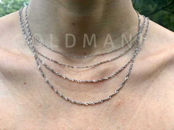 14K Solid White Gold Singapore Chain Necklace, 16-24, 0.8mm 1mm