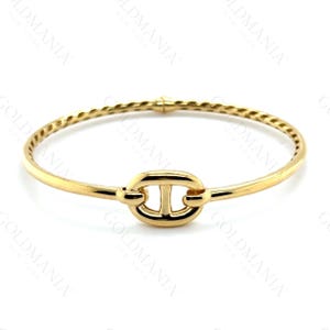 14K Yellow Gold Mariner Link Bangle – Real Gold Bracelet with Center Puffed Anchor Link, Elegant Bracelet For Women, Statement Jewelry Piece