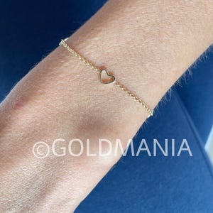 14K Gold Heart Bracelet, Heart Station Bracelet, 6&quot; Inch, Real Gold Bracelet, For Women, For Girls, Dainty Gold Bracelet