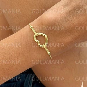 14K Yellow Gold Heart Friendship Bracelet, 9.25&quot; Adjustable, Real Gold Bracelet, Women