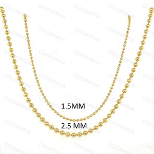 18K Solid Yellow Gold Ball Chain Necklace: 1.5mm or 2.5mm Thick image 2