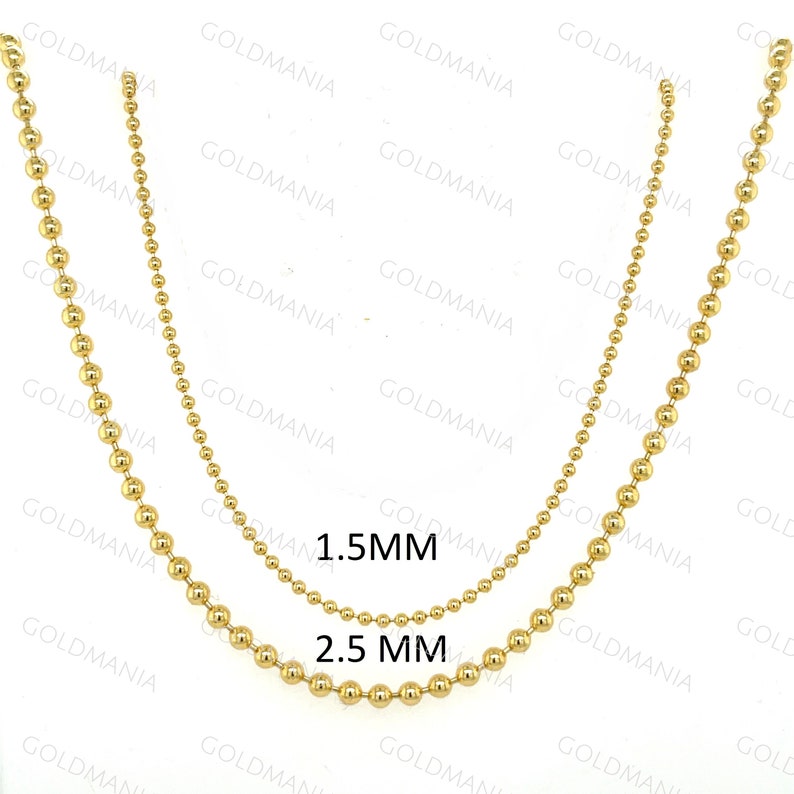 18K Solid Yellow Gold Ball Chain Necklace: 1.5mm or 2.5mm Thick image 2