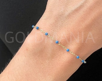 14K Yellow Gold And Blue Bead Chain Bracelet, 7.50" Adjustable, Real Gold Bracelet, 14K Beaded Bracelet, Thin Gold Bracelet, Women