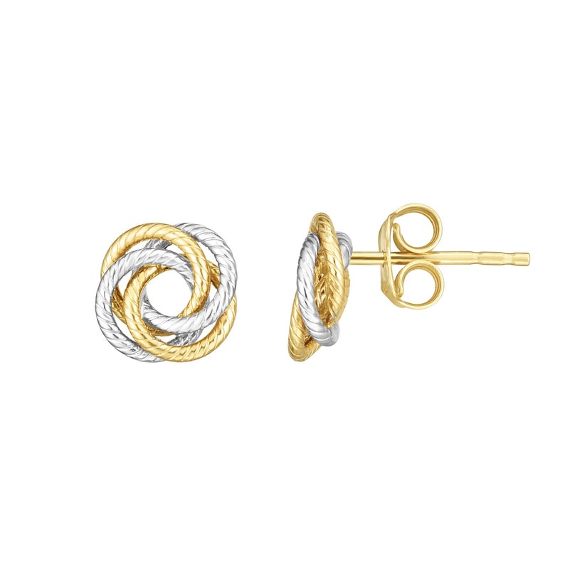 Two Tone 14K Gold Textured Love Knot Stud Earring Set 14K Yellow White Gold 14K Love Knots 14K Gold Earrings 9mm Wide Gold Loveknots