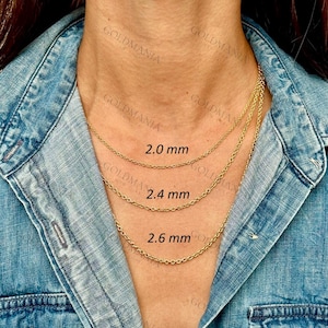 14K Solid Yellow Gold Round Cable Link Chain Necklace, 2 mm 2.4 mm 2.6 mm Thick, 16&quot; 18&quot; 20&quot; Inch, Real Gold Chain, Sturdy Chain, Women
