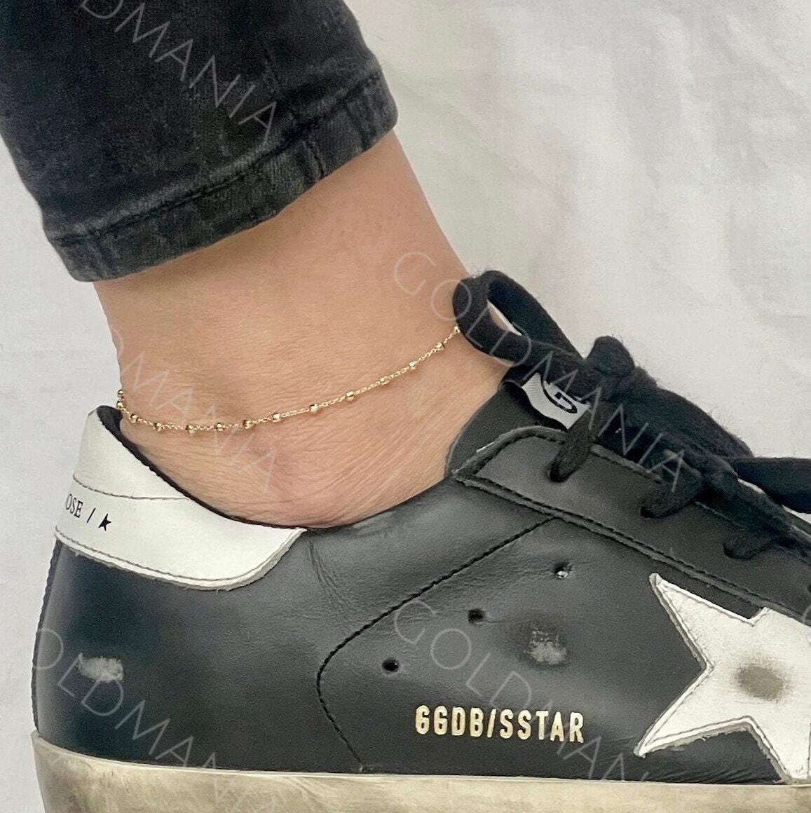 Cavigliera Oro 14k Regolabile Con Stelle E Perline - Bicolore 9-10 Pollici - Foto 2