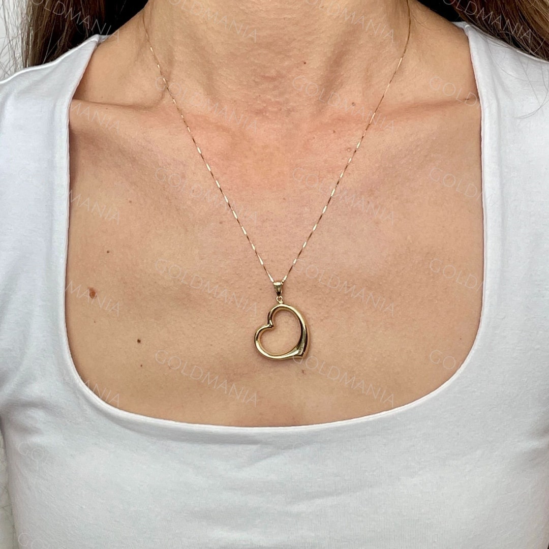 14K Gold Open Heart Pendant Chain Necklace, 18