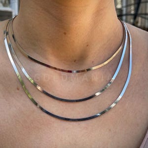 14K Solid White Gold Herringbone Necklace, Flat Snake Chain, 16" 17" 18" 20", White Gold Jewelry For women, 2.70mm Wide Herringbone