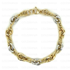 14K Gold Two Tone Interlocking Oval Link Bracelet, 7.50&quot; Inch, Polished And Textured Links, Real Gold Bracelet, Women