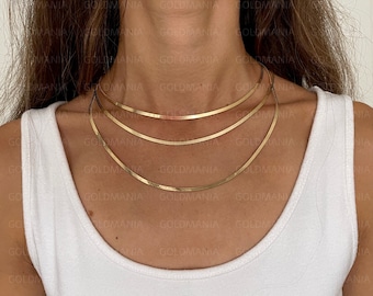 14K Solid Yellow Gold Herringbone Necklace, 2.70mm Thick, 16" 18" 20", Real Gold, Women