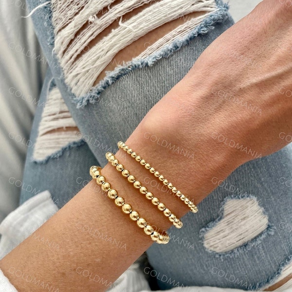 14K Yellow Gold Ball Bracelet, 3mm 4mm 5mm Thick, 8” Adjustable to 6", Real Gold Bracelet, Bead Bracelet Women