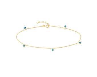 May include: A delicate gold-colored anklet featuring small, round, blue and white evil eye charms. The anklet has a fine chain and a clasp closure. The charms are evenly spaced along the chain.