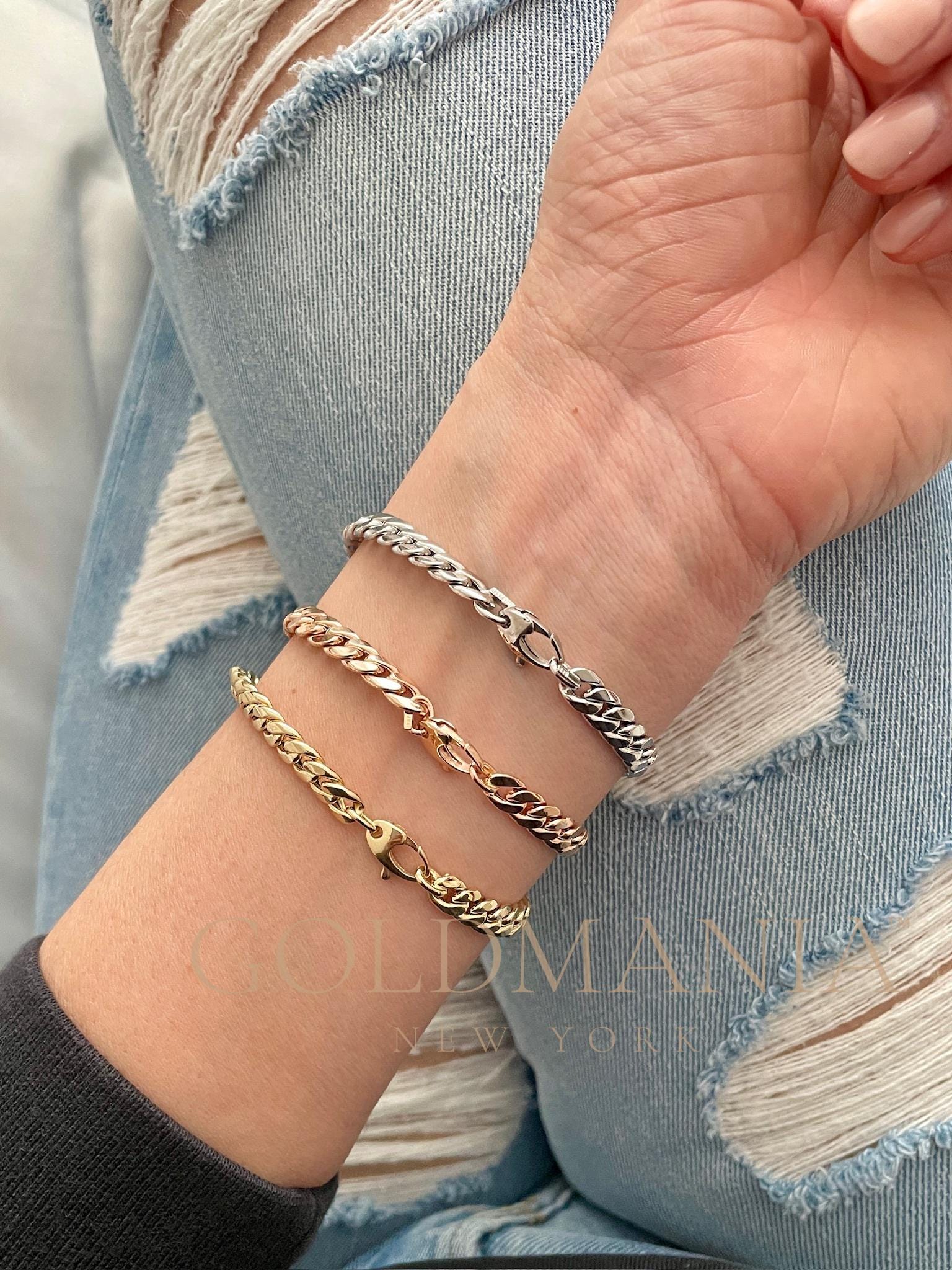 14K ホワイトゴールド マイアミ キューバンリンクチェーンブレスレット 