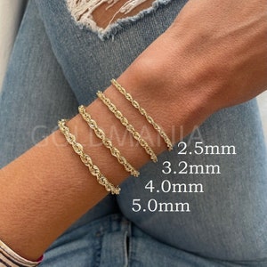 10K Yellow Gold Rope Chain Bracelet 7&quot; 8&quot;, 2.5 mm 3.2mm 4mm 5mm Thick, Real Gold Bracelet, Hollow Gold Bracelet, Twist Rope Bracelet, Women