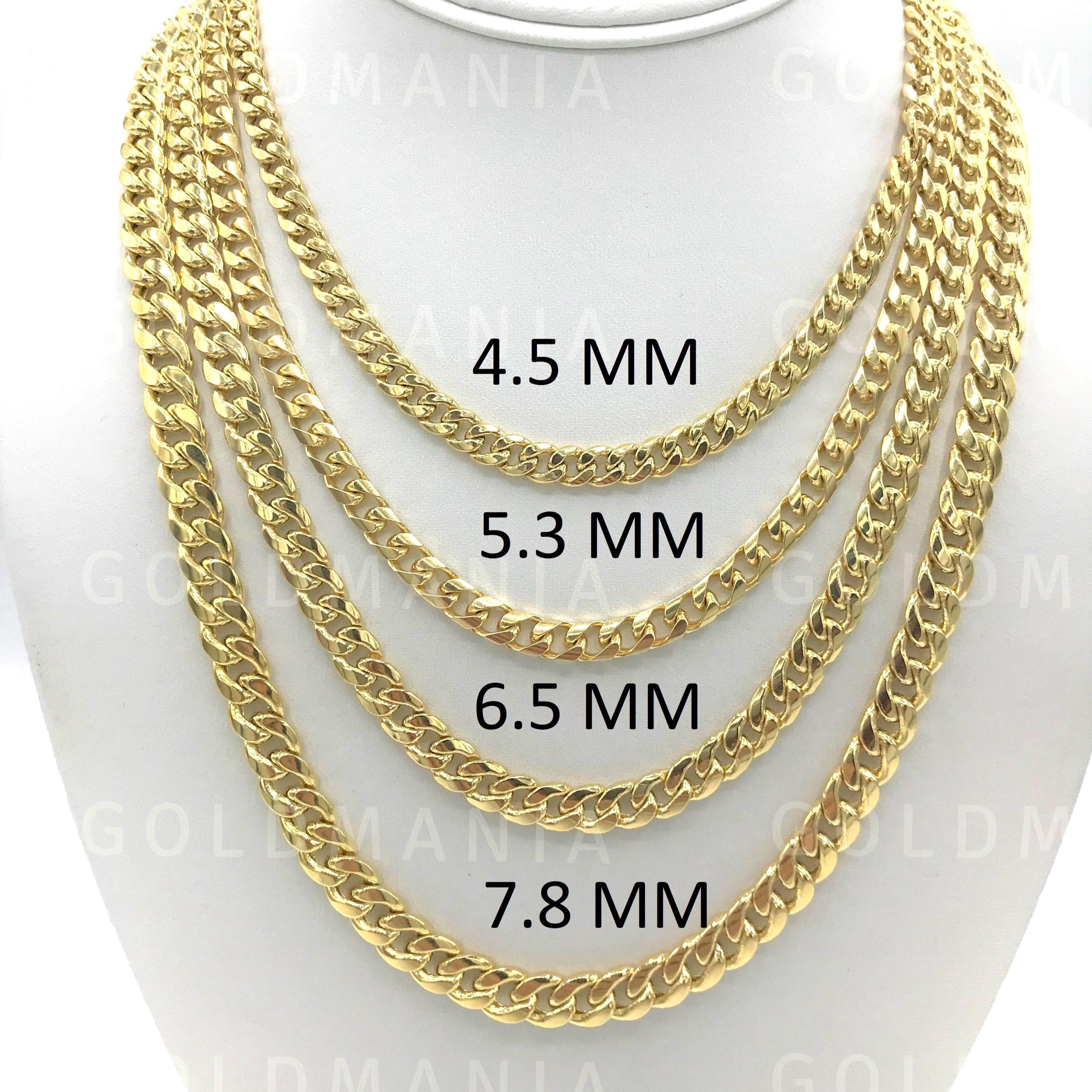14Kイエローゴールド マイアミキューバンリンクチェーン：幅4.5～7.8mm