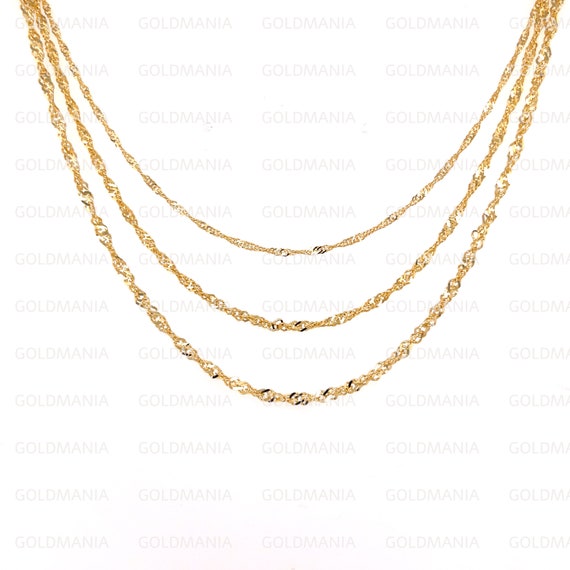 14K Solid Yellow Gold Singapore Chain, 16 18 20 24 Inch, 1.5mm 1.7