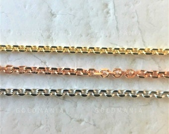May include: Three chains in different colors: gold, rose gold, and silver. The chains are all the same style, with a delicate, rounded link design.
