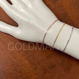 14K Solid Gold Thin Curb Link Chain Bracelet, dainty Gold Bracelet, 14K Yellow Rose White Gold, Real Gold Bracelet, Women Godl Bracelet