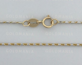 Collier à maillons Lumina bicolore en or massif 14 carats, 16" 18" 20", chaîne en or fine de 0,8 mm, or blanc et jaune 14 carats, femme