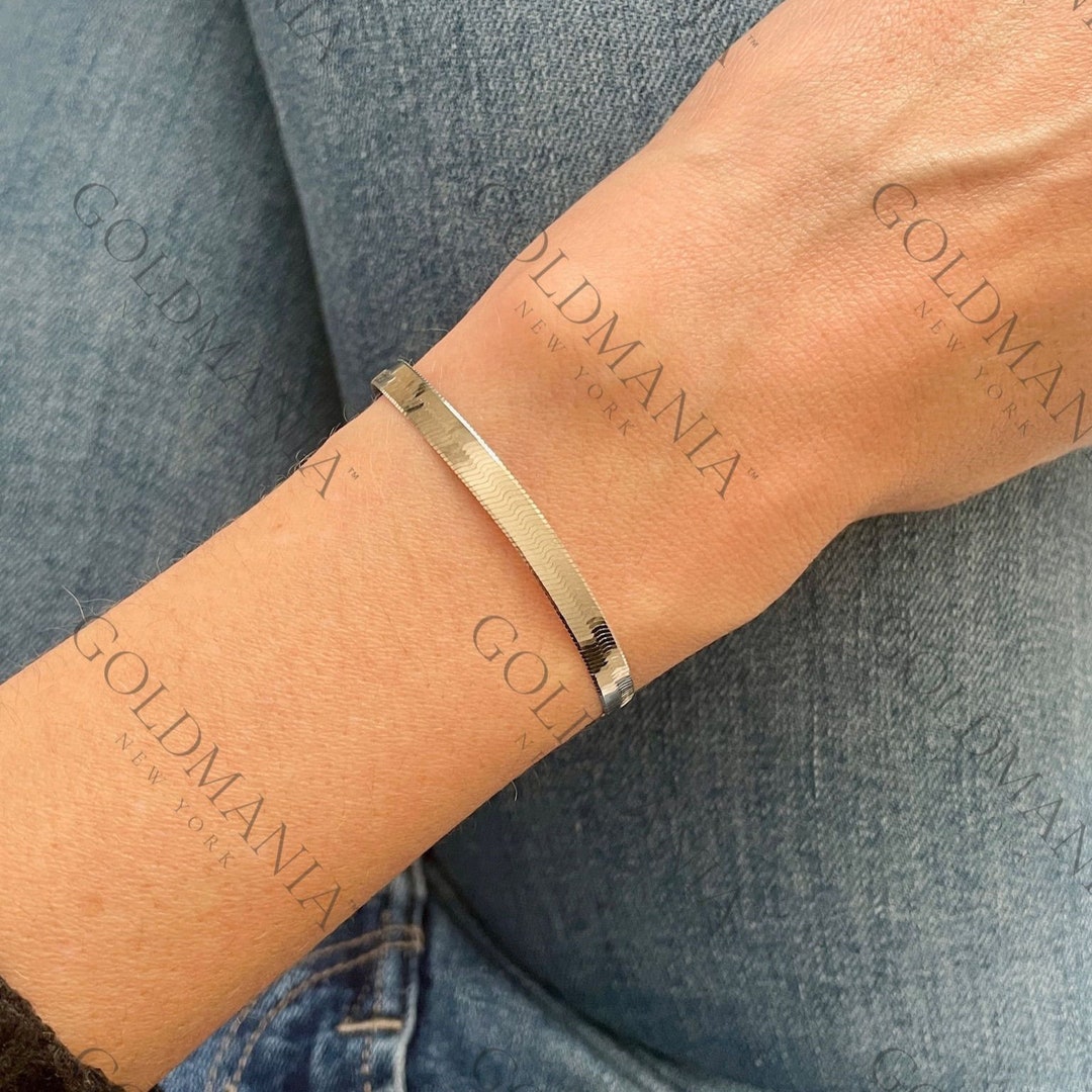 14K Solid White Gold Herringbone Bracelet, 5mm Thick, 7 Inch, Real Gold