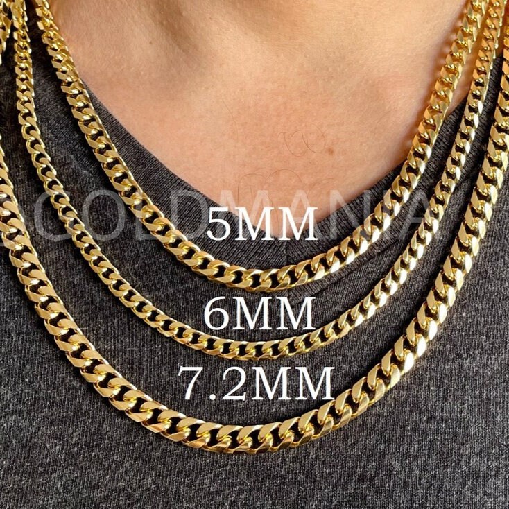 14K Solid Yellow Gold Miami Cuban Chain Necklace, 20 22 24 30