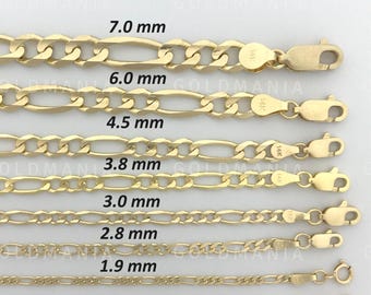 14K Solid Yellow Gold Figaro Chain Bracelet: 1.9 to 7mm Thick