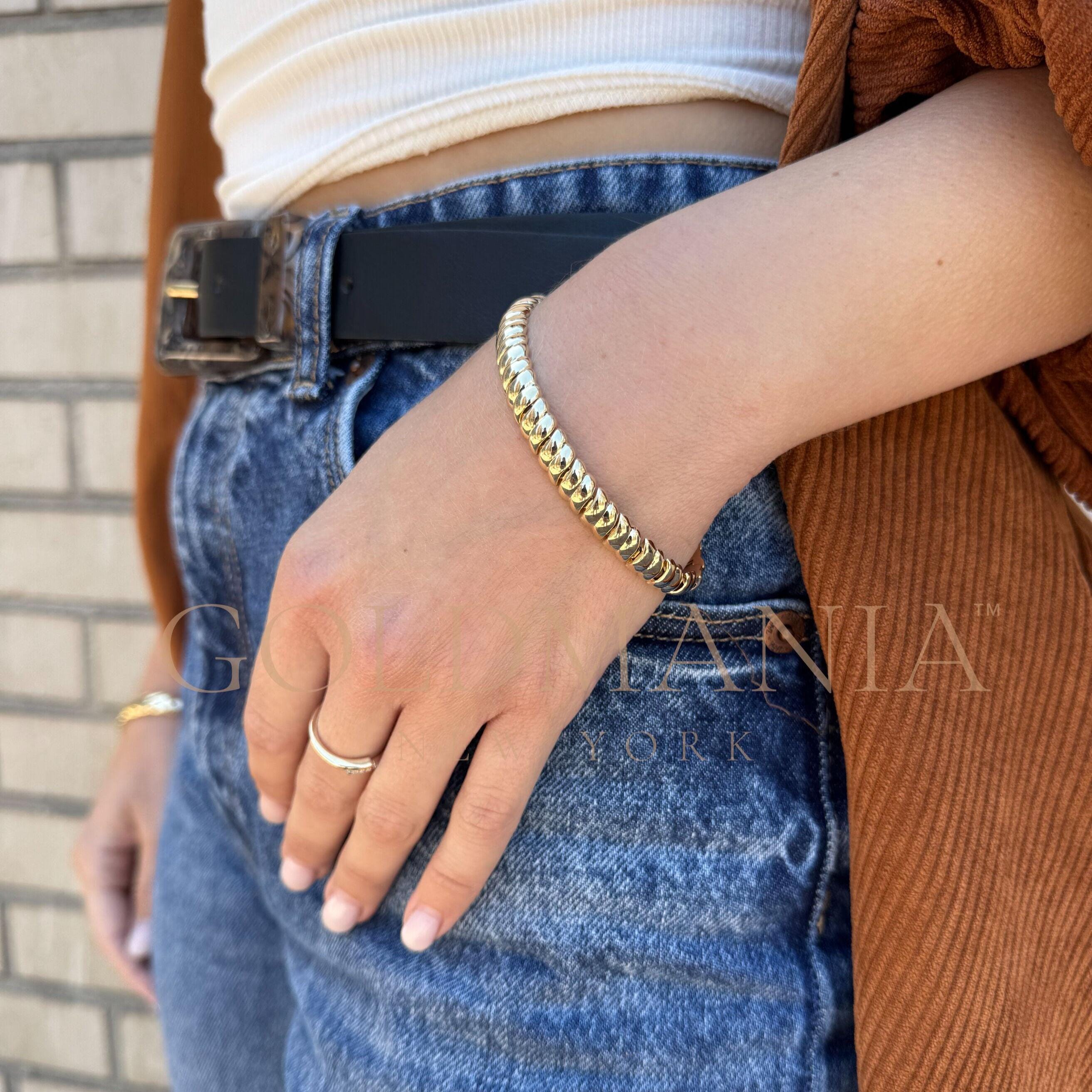 14K Gold Scalloped Link Bracelet, Real Gold Bold Chain Bracelet For Women, 7.25" Chunky Gold Bracelet, 8mm Thick, Statement Gold Jewelry