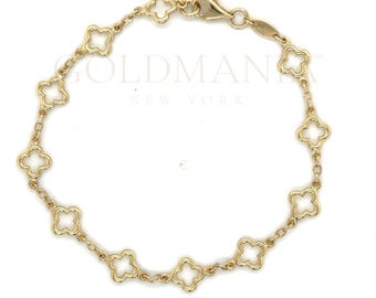 14K Yellow Gold Clover Link Chain Bracelet: 7" Real Gold